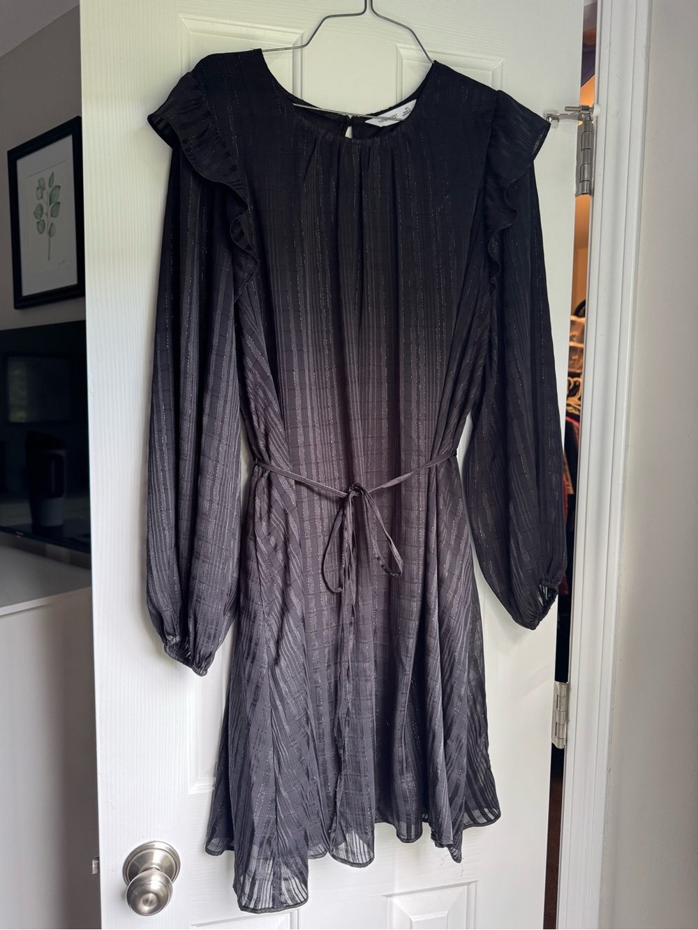 Nine West Black Long Sleeve Ruffle-Shoulder Tie Waist Dress